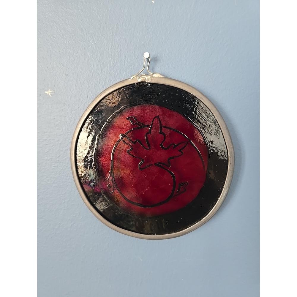 Vintage Stained Glass Red Maple‎ Leaf Round Art Glass Sun Catcher